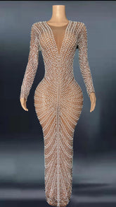 Hoobd Gray White Full Rhinestones Evening Long Sleeves Dress Birthday Celebrate Stage Wear Performance Dancer Singer Show plus size