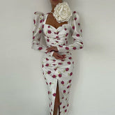 Floral Print Long Sleeve High Waist Fold Slim Ladies Party Dress