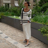 White Striped Knitted Maxi Dress for Women Elegant O-neck Long Sleeve Slim Sweater Dress Autumn Winter Warm Causal Dresses 2023