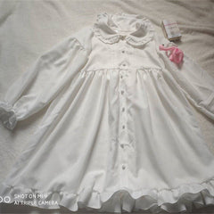 QWEEK White Kawaii Lolita Dress For Girls Soft Princess Fairy Peter Pan Collar Dress Japanese Style Cute Puff Sleeve Party Dress