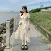 French Fairy Chiffon Midi Dress Women Short Sleeve Casual Boho Beach Sundress Women Pink Elegant Korean Dress Summer Chic
