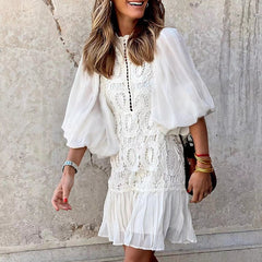 Elegant Bubble Sleeve o Neck Button Mini Dress Women Fashion White Lace Patchwork Holiday Dress Ladies Causal Slim Office Dress