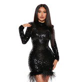 Fashion Sexy Bodycon Birthday Party Dress for Women 2023 Spring Long Sleeve Feather Sequins Short Evening Dresses Black Red