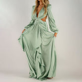 Woman Dress High Waist V-neck Women's Dress Pleated Solid Color Ruffled Dress Dresses For Women