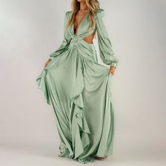 Woman Dress High Waist V-neck Women's Dress Pleated Solid Color Ruffled Dress Dresses For Women