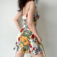 Flowers Sleeveless Mini Dresses for Women Summer Sexy Retro Vestidos De Mujer Ruffles A-line Slim Harajuku Korean Fashion