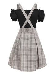 Hoobd Off The Shoulder Tee and Crisscross Plaid Suspender Skirt Set Two Piece Dress Top and Skirt Set