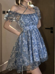 French Floral Vintage Dress Women Sexy Off Shoulder Fairy Printed Boho Mini Dress Birthday Even Party Dress Summer 2023 Korean