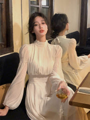 2023 Spring Turtleneck White Midi Dress Women Long Sleeve French Elegant One Piece Dress Korean Fashion Y2k Clothing Design