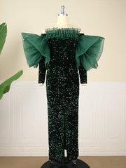 Cocktail Dresses For Women Evening Party Women's Green Dress Formal Off Shoulder Sequin Velvet Long Dress Fall Winter Elegant Sparkly Birthday Party Cocktail Even Gown