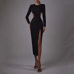 Sexy Backless Full Sleeve Maxi Dresses for Women Elegant Fashion Bandage High Split O Neck Bodycon Club Party Long Dress Clothes