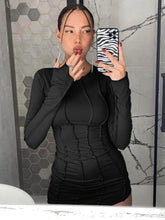 Sexy Solid Patchwork O Neck Mini Dress Women Autumn Bodycon Long Sleeve Slim Fit Elegant Party Club Vestido