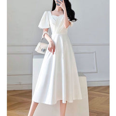 Elegant Chic Beads Square Collar White Party Dresses for Women Summer Ruffled Puff Short Sleeve Slim Fit Fairy Midi Dress Female