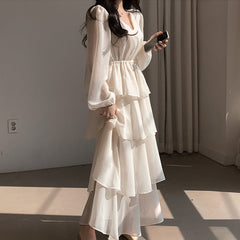 Hoobd Dresses Women Office Lady Lantern Sleeve V-Neck Pullover Dress Femme Autumn New High Waisted Vestidso Female