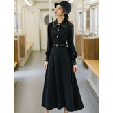 Casual Clothes Long Sleeve Strap Midi Black Vintage Dress