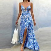 Boho Hollow Out Printed High Split Dress 2023 Holiday Vacation Sleeveless Maxi Vestidos Casual Button Backless Dresses For Woman