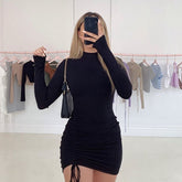 2023 Spring Autumn Sexy Party Dress Women Long Sleeve Ruched Bodycon Black Purple Turtleneck Bandage Mini Dresses vestidos