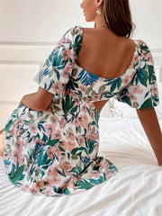 Hoobd Fashion Hollow Puff Sleeve Slim Party Dress Summer Picnic A-Line Casual Dress Women Elegant Square Neck Floral Print Mini Dress
