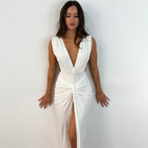 2023 Summer Fashion Ruched Long Dress Sexy Backless V Neck Hight Slit Women Bodycon Party Maxi Dress