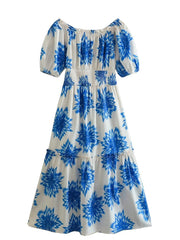 Hoobd New 2023 Women Floral Print Sexy Off Shoulder Dress Vintage Short Puff Sleeve Elastic Waist Female Holiday Summer Dress