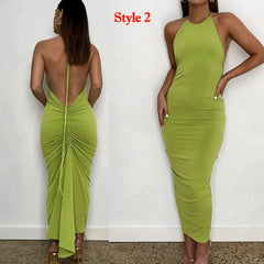 Green Backless Maxi Dress Elegant Halter Ruched Evening Party Dresses for Women Summer Sleeveless Slim Long Club Outfits