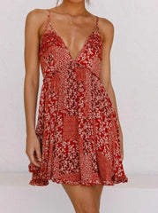 Hoobd Boho Strap Print Dress Woman 2023 Summer Beach Vacation New Sexy Deep V Neck High Waist Backless Mini Dress Female