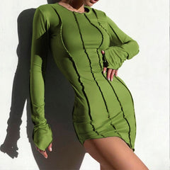 2024 Club Striped Y2K Mini Bodycon Party Dress Autumn Irregular O Neck Women Long Sleeve Club Dress Fall Dress