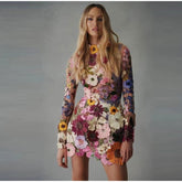 Hoobd Flower Print Embroidery Mini Dress Women Half High Collar Long Sleeve Hip Package Dresses Female Autumn Elegant Lady Vestidos