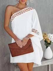 Hoobd Contrast Lace One Shoulder Casual Dress Women Long Sleeve Mini Party Dress