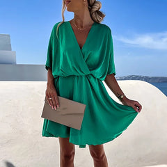 Elegant Short Sleeve Solid A-line Loose Mini Dress