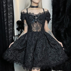 Halloween Gothic Dress Goth Lolita Y2K Mini Black Draped Bodycon Vintage Birthday for Women Satin Spring