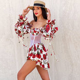Hoobd2023 Dress Women Patchwork Ruffle Long Sleeve Mini Holiday Sexy Outfits Print Mesh Off Shoulder Sweet Tie Up See Through Y2k New