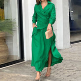 Hoobd Women Maxi Dress Fashion Elegant Long Sleeve Lapel V Neck Pleated Solid Single Slit With Pockets Beach Party Dresses
