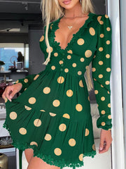 Hoobd Polka Dot Print Lace Trim Ruched Dress Women Sexy Plunge Long Sleeve Flared Mini Dress