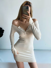 Women Fashion Slim-fit Solid Mini Dress Vintage O-Neck Long Sleeves Single Breasted Female Chic Lady Dresses