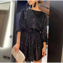 Hoobd Women Solid Sexy Sequins Mini Dress Female Fashion Long Sleeve Clothes Lady Elegant Evening Party Club Festival Dress