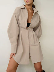 Autumn Winter Bodycon Dress Women Khaki Long Sleeve Pleated Shirt Dress Office Ladies Solid Lapel Casual Mini Dresss