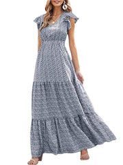 Hoobd Women s Summer Long Beachwear Dress Ruffle Sleeve V Neck Boho Floral A-line Dress