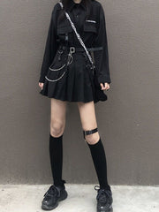 Black Gothic Skirt Pleated Chain Punk Two-piece Suit Loose Long Sleeve Shirt Women Streetwear Harajuku Jk Uniform