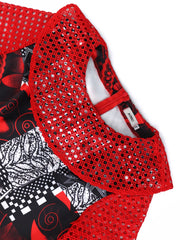 Women Printed Long Party Dress Mesh Hollow Out Patchwork O Neck Ruffle See Through Vintage Classy Celebrate Occasion Gown Retro
