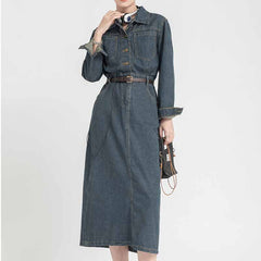 2023 New French Retro Waist Slim Denim Dress Spring and Autumn Women's Dress