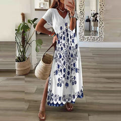 Hoobd Vintage Print Maxi Dress Women 2023 Summer Elegant V Neck Short Sleeve Loose Split Casual Dress Female Party Boho Beach Vestidos