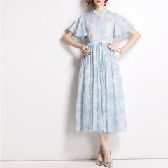2023 Summer ZA Women's Dress Clothing Elegant Light Pink Petal Sleeve Print Drawstring Vintage Casual Party Dresses Traf
