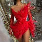 Hoobd Modern Sexy Red Asymmetrical Mini Cocktail Dresses With Gloves Ruched Strapless Short Women Maxi Dresses To Birthday Prom Party