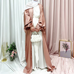 Hoobd Ramadan Eid Fashion Puff Sleeve Muslim Abayas Soft Robe Musulmane Abaya Elegant Silky Muslim Arab Worship Service Clothing