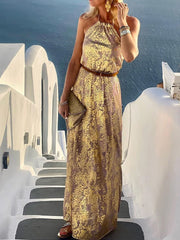 Beach Style Lady Casual Sleeveless Long Dress Streetwear Women Halter Backless Print Dress Loose Off Shoulder Summer Maxi Dress