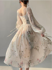 French Elegant Floral Dress Office Lady Long Sleeve Beacht Style Even Party Midi Dress Women 2023 Summer Casual Vintage Dress