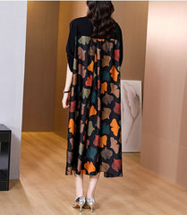 2023 Summer Silk Printed Mulberry Silk Midi Dress Fall Retro Casual 5XL Plus Size Long Sleeve Dress Elegant Women Vestidos