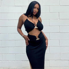 2023 Summer Cut Out Long Dress Black Sleeveless Women Metal Sexy Backless Halter Neck Maxi Dresses Party Club Clothes