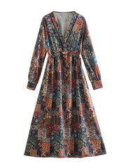 New 2023 Women Vintage Floral Print Casual Long Dress Cross V Neck Female A-line Spring Vestidos